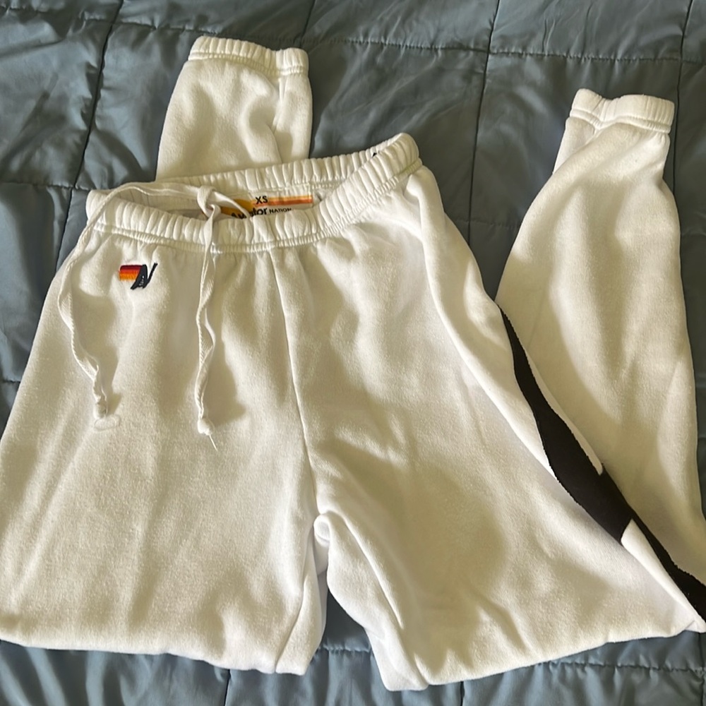 Aviator Nation sweatpants joggers - white with stitched black bolt.